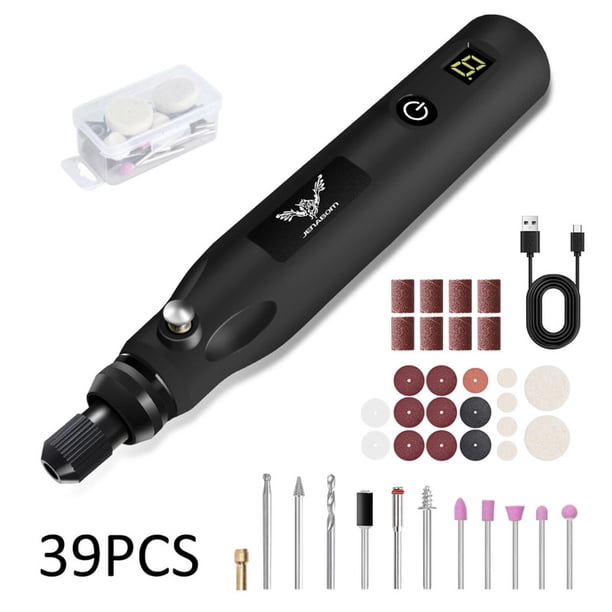 Herramienta rotativa inalámbrica negra con 39 accesorios, juego de herramientas rotativas eléctricas recargables por USB con velocidad variable, adecuadas para proyectos de manualidades.