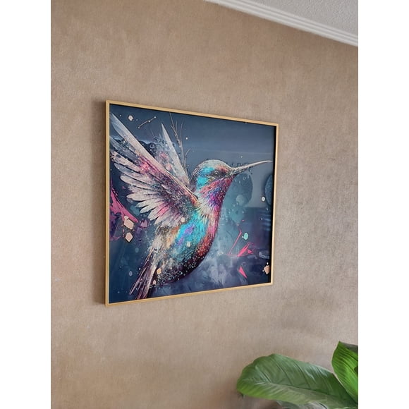 Cuadro Picaflor Multicolor Diamante Relieve, Marco Dorado 60x60x3cm