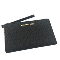 Billetera Michael Kors Womens Jet Set Travel Double Zip Saffiano Leather Wristlet Wallet Black Pvc/Silver Hardware