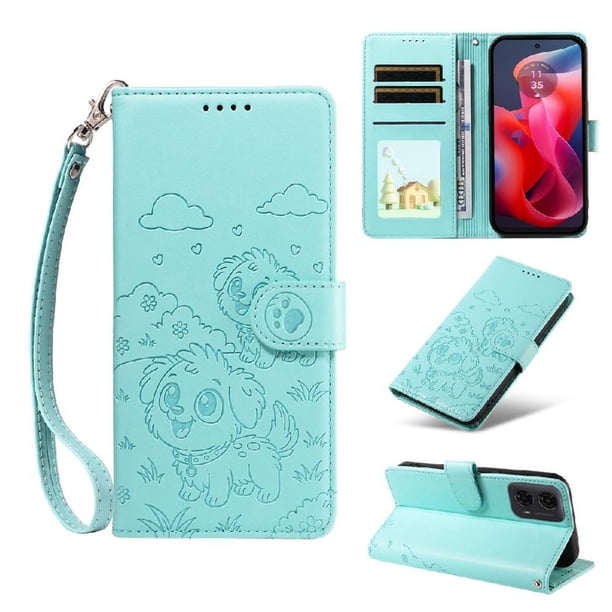 Funda Cartera para Motorola Moto E14 Perro Cachorro Grabado con Tarjetas Soporte Correa Verde