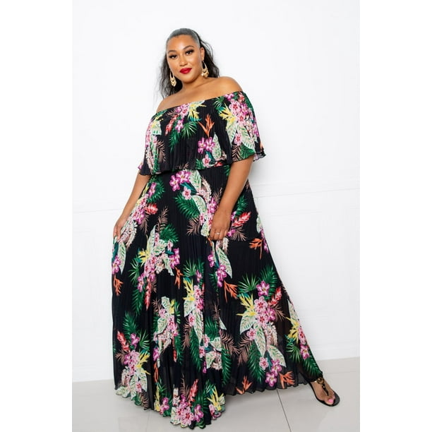 Vestido Largo Plisado con Hombros Descubiertos y Estampado Tropical, Talla 1XL