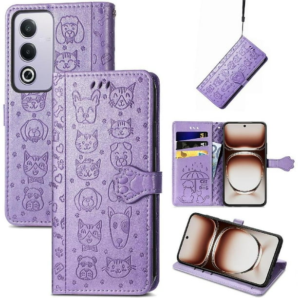 Funda Cartera FOXDOCK para OPPO A3 Pro , Flip PU con Relieve de Gatos y Perros, Tarjetero y Soporte