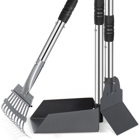 Dog Pooper Scooper, Dog Poop Tray and Rake Set with Long Sta
