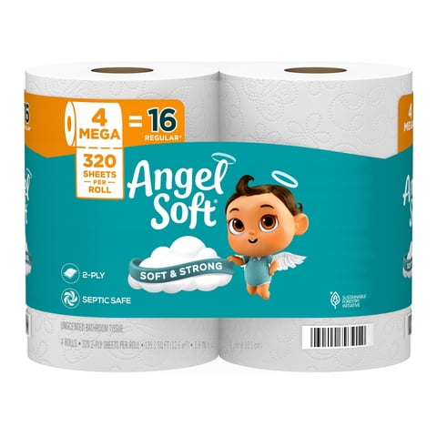 Papel Higiénico Angel Soft, 4 Mega Rollos = 16 Rollos Normales