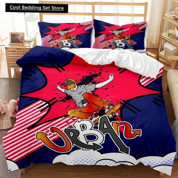 v1749 Bed Sheets Skateboard Duvet Cover Set Skateboard Player Hip Hop Bedding Set Teens Street Hobby Sport Hippie King Size Polyester Quilt Cover 3-Piece Bedding Set (1 Duvet Cover + 2 Pillow Shams) B