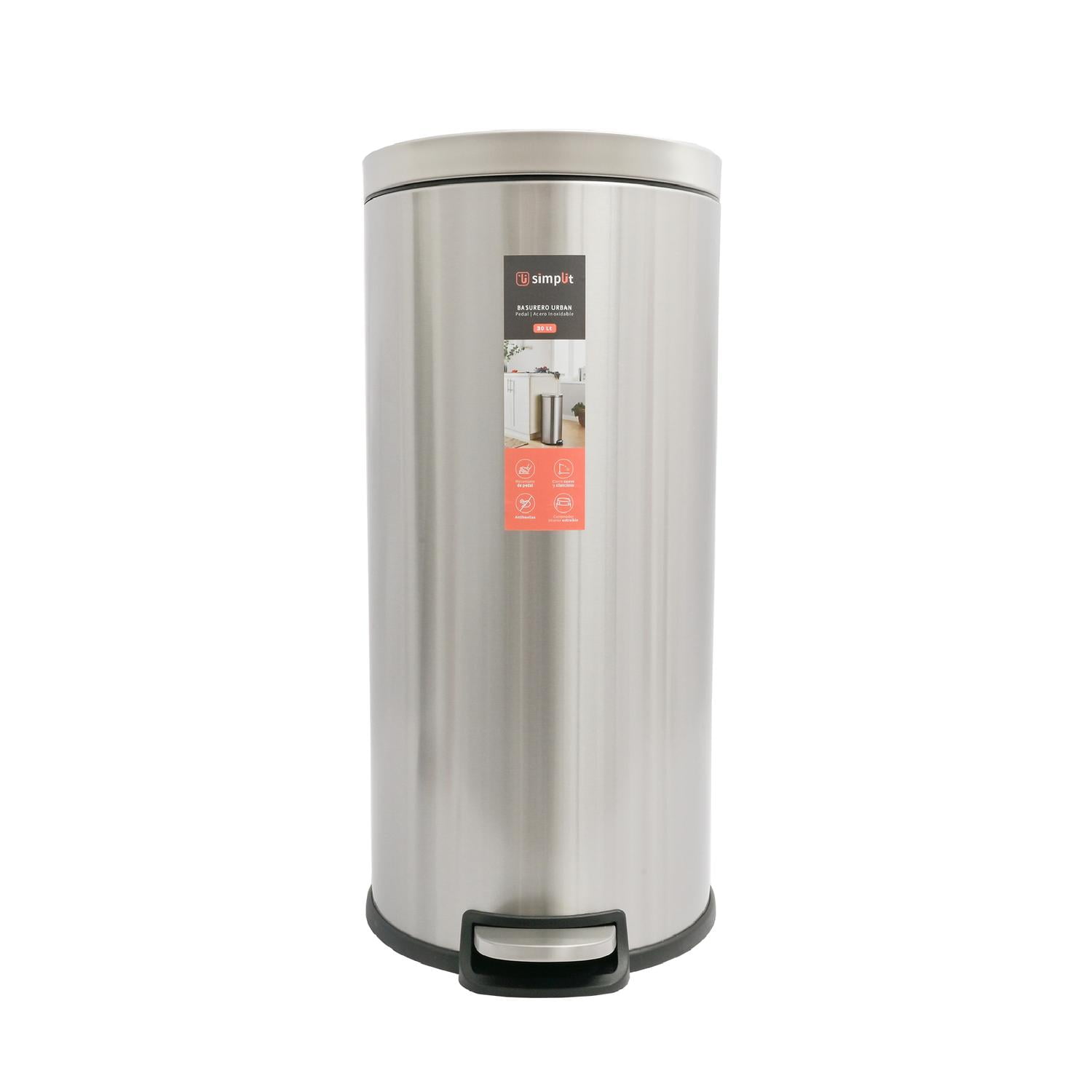 Basurero Cocina Urban 30lts Pedal Acero Inox Simplit Plateado