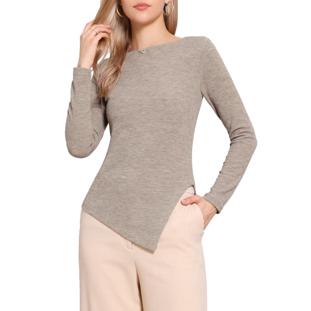 INSPIRE CHIC Top de Punto de Manga Larga para Mujer con Cuello de Barco para Otoño e Invierno con Dobladillo Irregular Camiseta Casual M Caqui