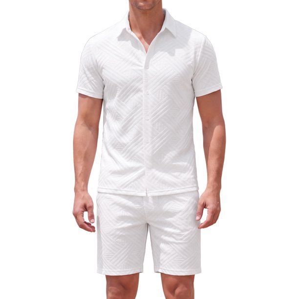 INSPIRE CHIC Conjunto de 2 Piezas para Hombre Camisa con Botones y Textura Jacquard y Pantalones Cortos con Cordón M Blanco