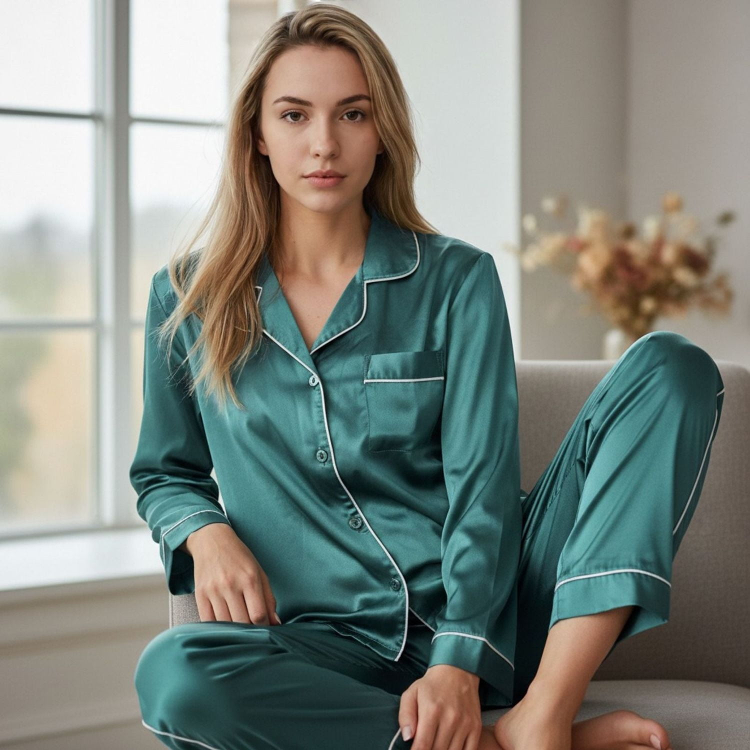 Likeshop - Pijama Mujer Satinado 2 Piezas Manga Larga Botones Colores 038