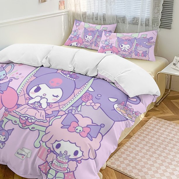 Kuromi Quilt Set Thicken Soft 3 Pieces Bedding Set All Season Duvet Cove with 2 Pillowcases for Adult Women Girls Teens Home Room Decor