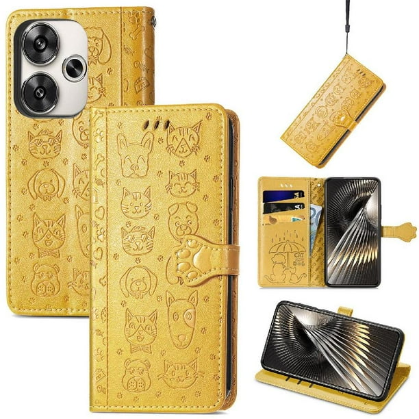 Funda Cartera FOXDOCK para Xiaomi POCO F6 , Flip PU con Relieve de Gatos y Perros, Tarjetero y Soporte