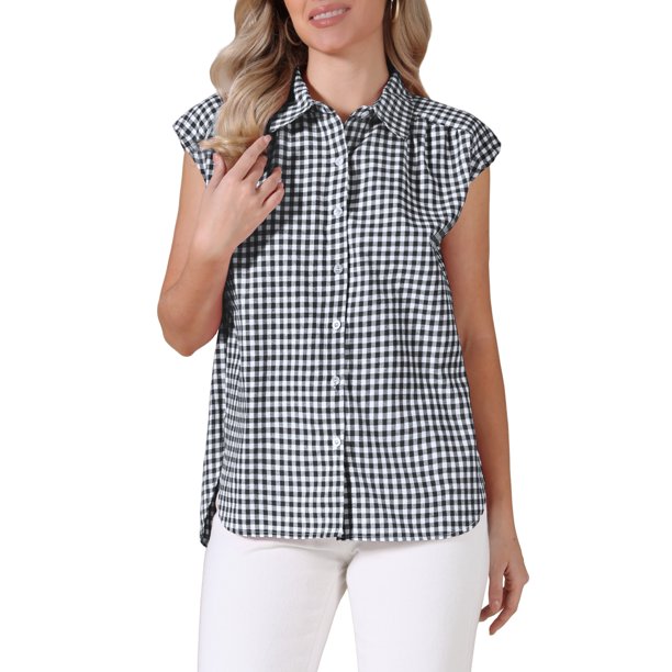 INSPIRE CHIC Top de Gingham para Mujeres Trabajo Manga Corta Vintage Cuadros Camisa Abotonada M Negro