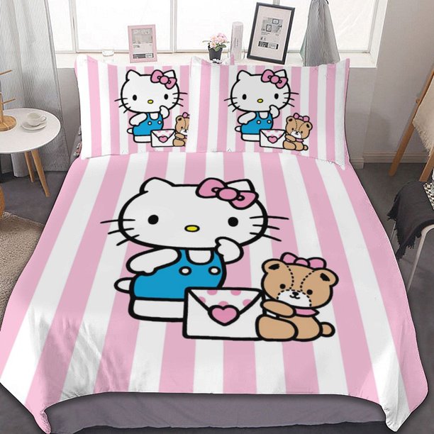 Hello Kitty Duvet Cover Set 3-Piece Bedding Set Soft Warm And Comfortable Soft Bed Set for Bedroom All Season Bed Sheets