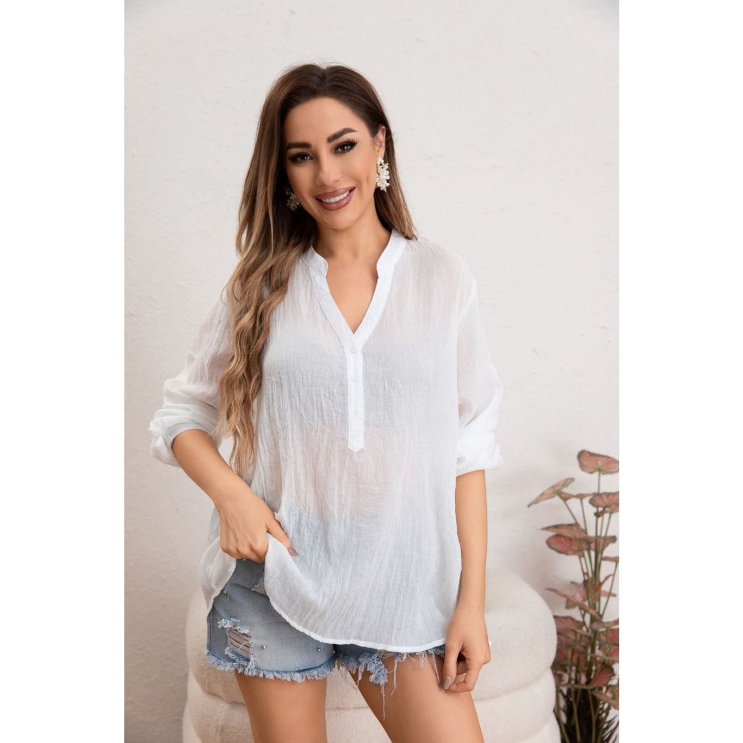 Likeshop - Blusa Mujer Tendencia Lino Algodón Premium Liviana Botones Textura 053