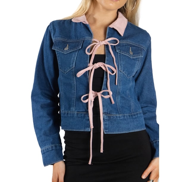 Jess por Meiko Chaquetas de Mujer Mangas Largas Cuello Contraste Color Lazo Chaqueta de Mezclilla XS Azul Medio/ Rosa