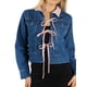 thumbnail image 1 of Jess por Meiko Chaquetas de Mujer Mangas Largas Cuello Contraste Color Lazo Chaqueta de Mezclilla XS Azul Medio/ Rosa, 1 of 6