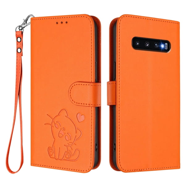 Funda Volteable tipo Billetera con Correa para Samsung Galaxy S10, Naranja