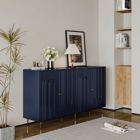 M&Ms - Modern Blue Lacquered 4 Door Wooden Cabinet Sideboard Buffet Server Cabinet Storage Cabinet, For Living Room, Entryway, Hallway, Office, Kitchen And Dining Room