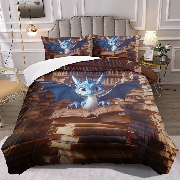Cartoon Dragon Themed Duvet Cover Set - Soft Comfortable and Breathable Magic Print Bedding Ancient Animal Pattern Duvet Cover Set 100% Polyester Machine Washab