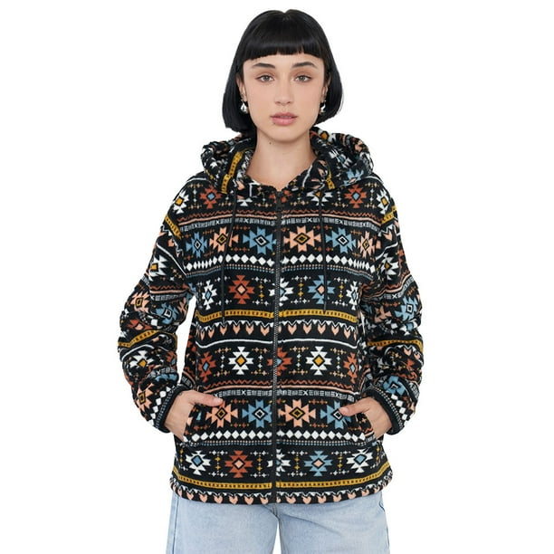 Polerón Mujer Peludo Full Print Negro Geométrico Corona