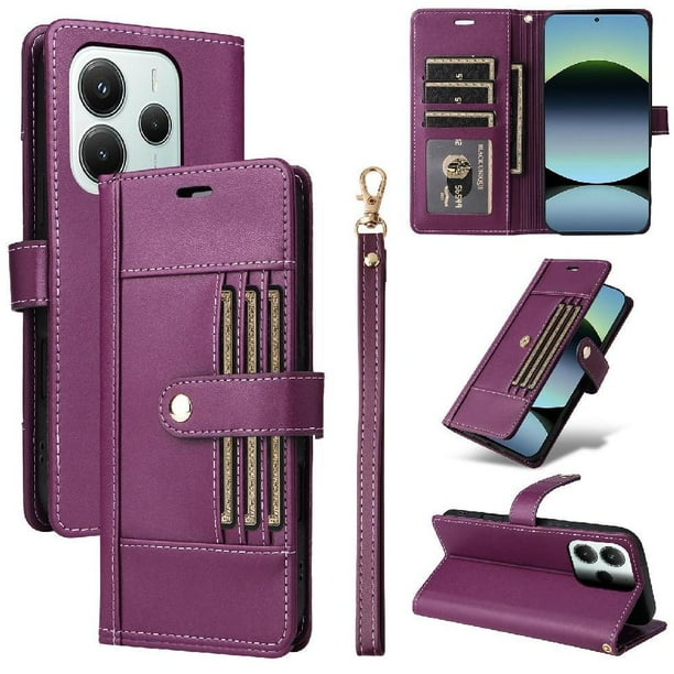 FOXDOCK Funda tipo Cartera para Xiaomi Redmi Note 14 5G – Cubierta de Cuero PU con Múltiples Ranuras, Bolsillo para Efectivo y Correa de Muñeca