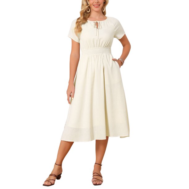 Vestido de Verano para Mujer INSPIRE CHIC con Escote en V, Cintura Alta Fruncida, Línea A, Casual, Midi, Color Albaricoque L