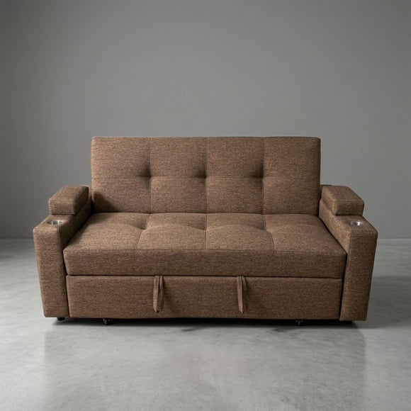 Sofá Cama Royal 2 Plazas Moncler Café Taupe con Puffs y Cojines