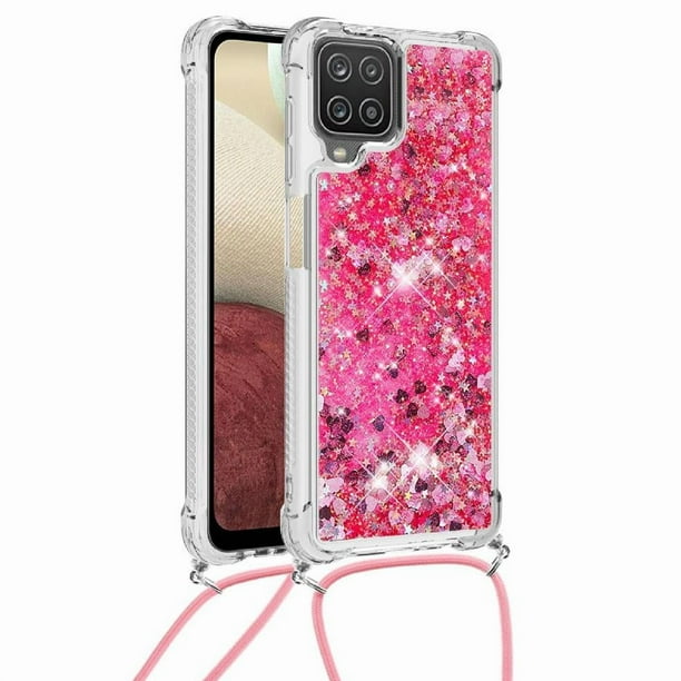 Funda FOXDOCK para Samsung Galaxy A12 con Cuerda Ajustable, Brillo Líquido, Protección Antigolpes y Lente – Ideal para Regalo