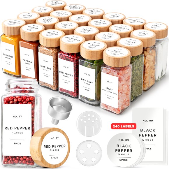 Juego de tarros de especias EDELHAUS de vidrio con tapas de bambú de 120 ml (24 unidades)