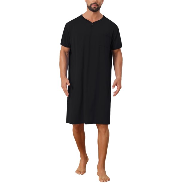 INSPIRE CHIC Camiseta de Pijama para Hombre con Cuello en V y Ribete de Bloque de Color, Manga Corta y Bolsillo en el Pecho, Talla S, Negro