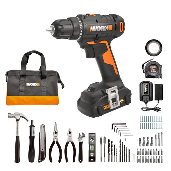 Taladro inalámbrico WORX de 20 V, 3/8 pulgadas, con kit de accesorios de 84 piezas