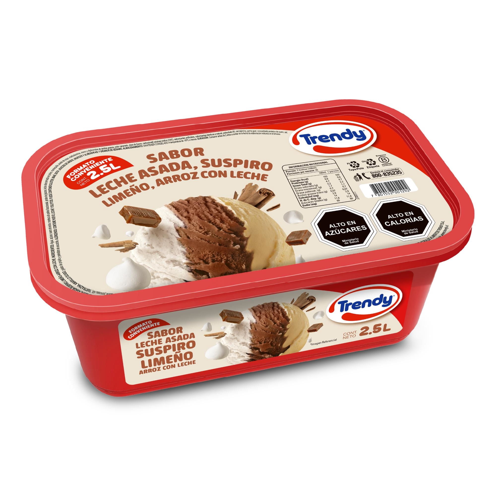 Helado De Leche Sabores Leche Asada, Suspiro Limeño, Arroz Con Leche Cassata 2,5 L Trendy