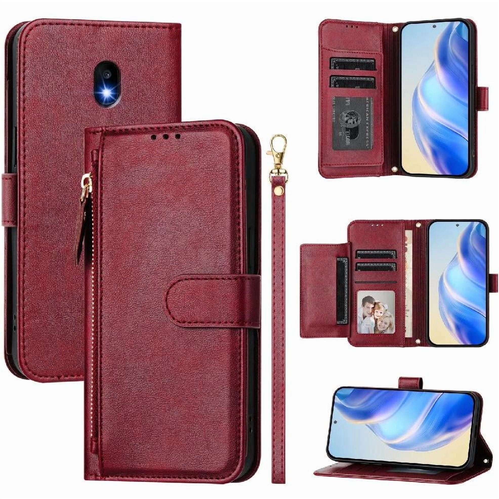 Foxdock - Funda Tipo Billetera Para Samsung Galaxy J3 2017 Con Cremallera Portatarjetas Soporte Correa De Muñeca Cuero Rojo