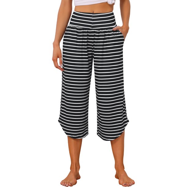 INSPIRE CHIC Pantalones Capri de Pierna Ancha de Rayón para Mujer Cintura Alta para Yoga y Descanso con Dobladillo Curvado y Bolsillos Talla Mediana Rayas Negras