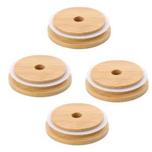 Magideal - Juego De 4 Tapas De Bambú Para Tarros Con Orificio Para Pajita, Reutilizables, Para Guardar Bebidas, Para Tazas, Enlatados De Vidrio, Tarros. 86 Mm