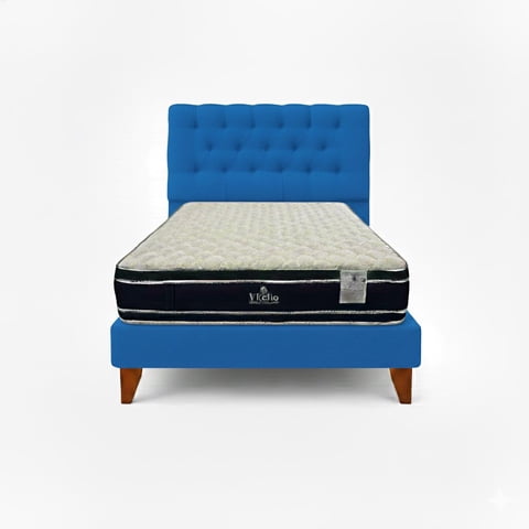 Vitelio - Cama 1.5 Plaza Azul Francia Capitone + Colchón Ortopedic