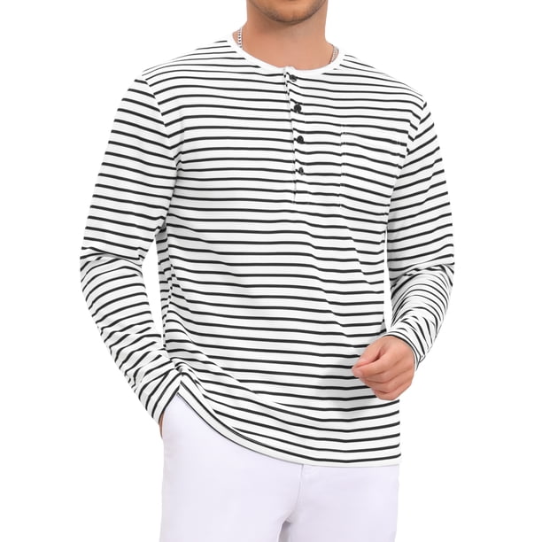 Camisas Henley a Rayas de Manga Larga con Botones para Hombre INSPIRE CHIC de Regreso a Clases 3XL Blanco