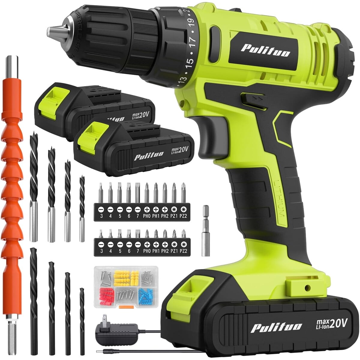 Taladro Atornillador Pulituo 20v 2 Baterías Kit 34 Piezas