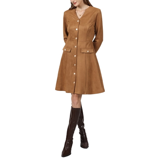 Vestido de Ante Sintético con Botones, Escote en V, Manga Larga, Estilo Vintage y de Línea A para Mujer INSPIRE CHIC XL Marrón