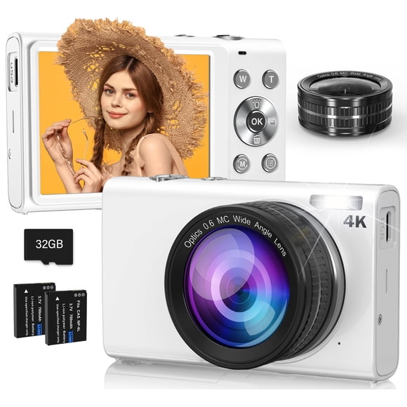 Cámara digital STUOGYUM 4K de 64 MP con lente gran angular, 32 GB y 2 baterías