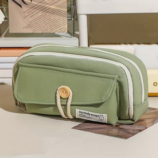 Button Cotton Rope Cute Pencil Case Large Opening And Large Capacity Canvas Stationery Bag Student Learning Supplies Storage Bag Pencil Case Female DIY Cosmetic Bag Convenient Travel Handbag