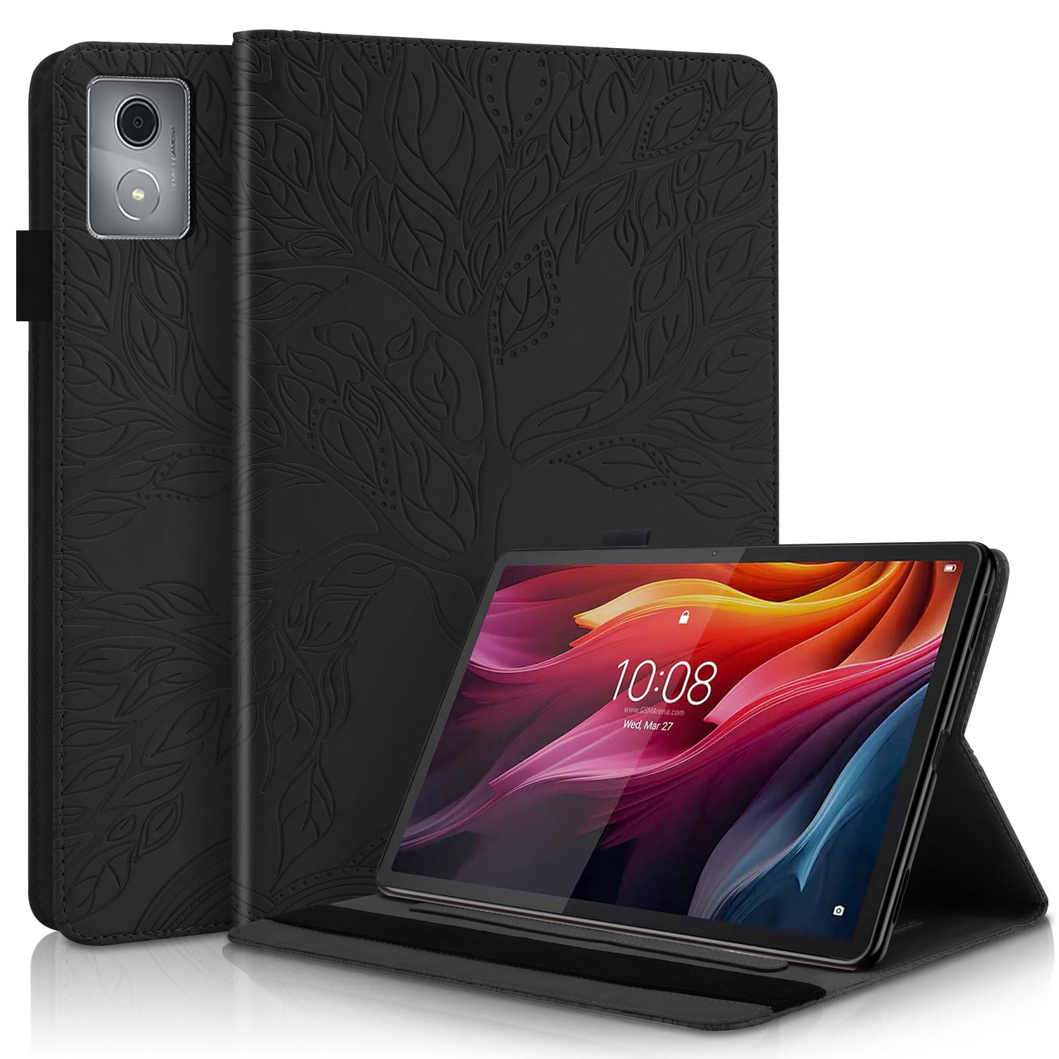 Foxdock - Funda Con Relieve Del Árbol De La Vida Para Tablet Lenovo Tab M11/k11 Plus Con Soporte, Ranuras Para Tarjetas Y Soporte Para Lápiz Óptico. Negro
