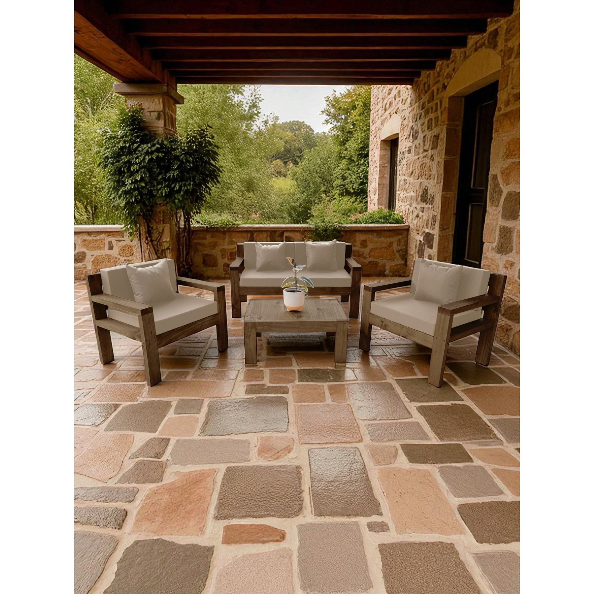 Miaruste - Terraza Rústica Modelo Ambar 4 Cuerpos Color Madera Roble Cojinería Beige