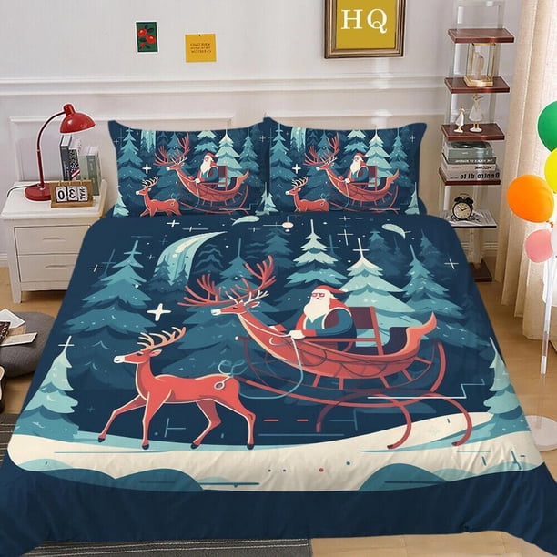Cartoon Snow Christmas Tree Santa Claus Reindeer Quilt Duvet Cover Set3-Piece Bedding Set