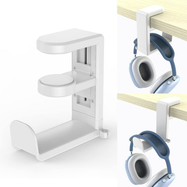 Soporte ajustable para auriculares - Soporte para auriculares de juegos de PC con giro de 360 grados, colgador con abrazadera para debajo del escritorio, organizador con clip para cables - Blanco