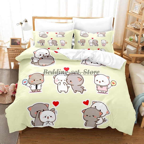Kawaii Peach Cat Bedding Set Bed Set Aldult Kid Bedroom Duvetcover Sets Bed Sheet Set