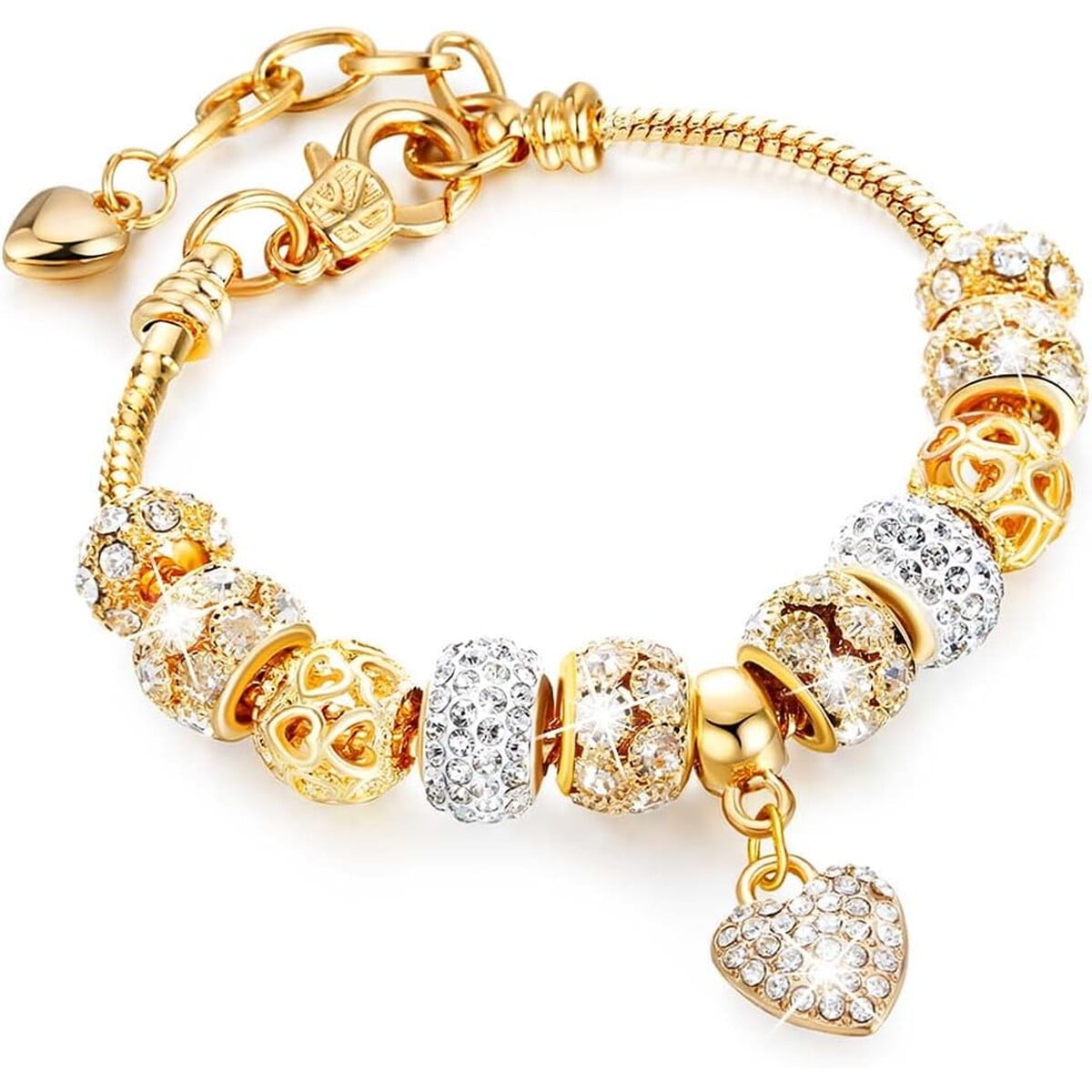 Sinalty Studio - Pulsera Dorada Con Cuentas Y Charm De Corazaan Con Rhinestones