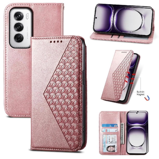 Funda Flip FOXDOCK para OPPO Reno 12 5G , Estilo Billetera con Diseño Rombo, Correa de Mano y Soporte, Uso Diario