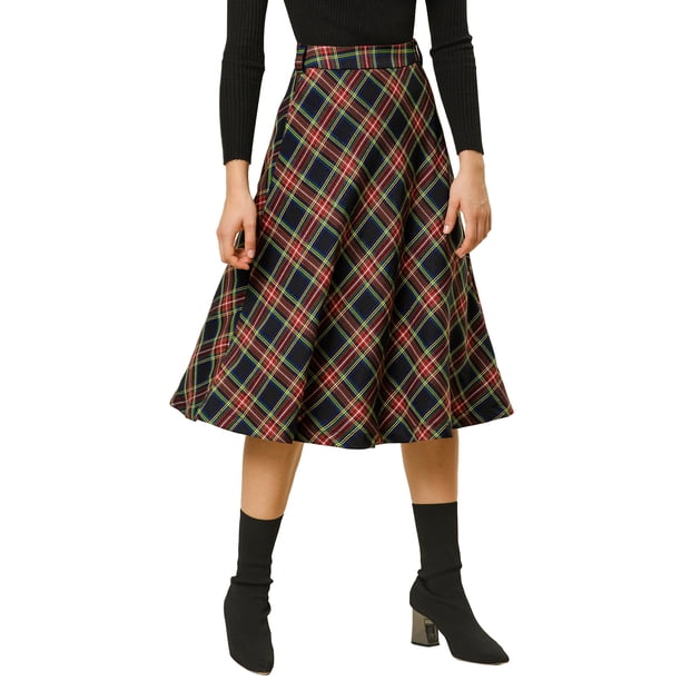 INSPIRE CHIC Faldas a Cuadros para Mujer Regreso a Clases con Cinturón de Cintura Alta Línea A Falda de Largo Medio Azul Oscuro 3XL