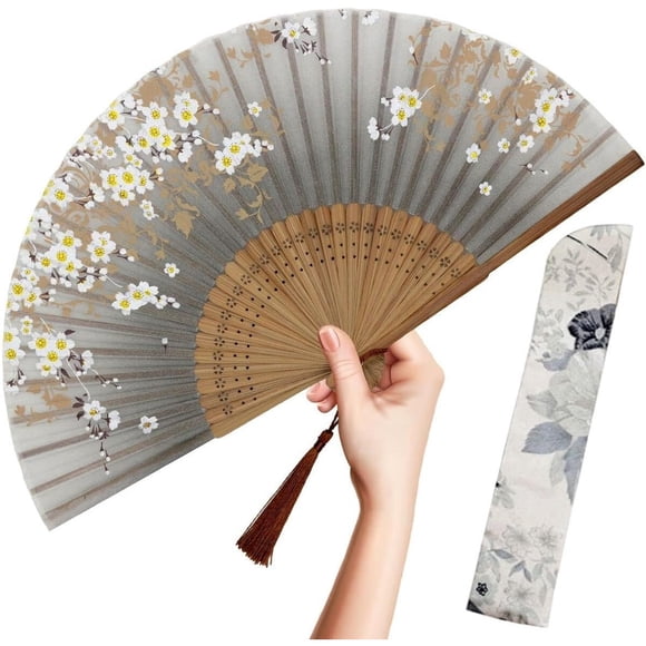 OMyTea Abanico plegable de mano para mujer, estilo japonés y chino, gris